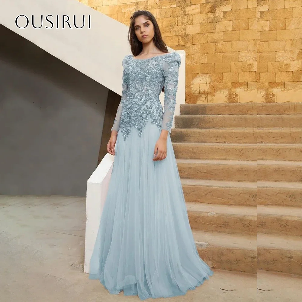 Beaded Appliques A-line Evening Dresses Pleated Long Sleeves Floor Length Customized Party Gowns  فساتين السهرة
