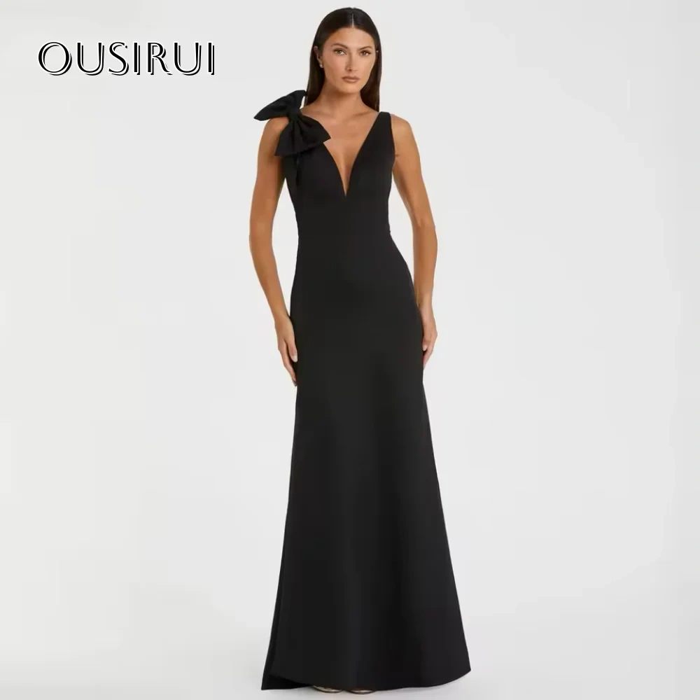 Black Mermaid Satin Evening Dresses Deep V-Neck Bow Backless Prom Dress Customized Floor Length Party Dress платье на выпускной
