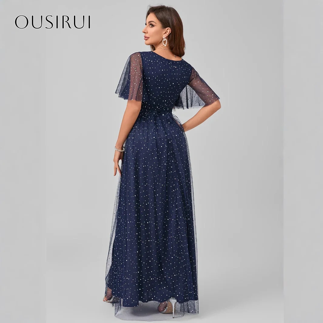 V-neck A-line Evening Dresses Split Sequined Tulle Ankle Length Short Sleeves Customized Party Gowns  فساتين ال