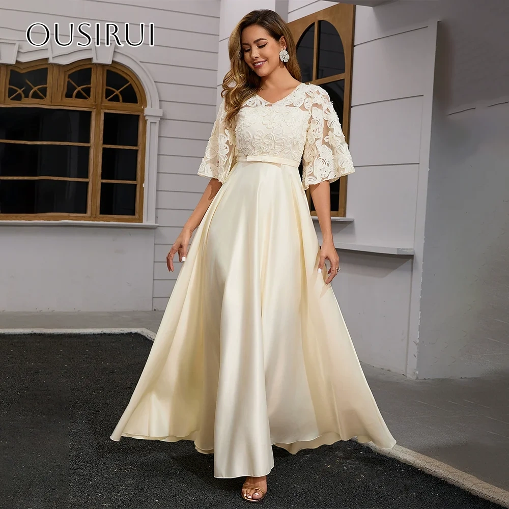 V-neck Satin A-line Evening Dresses Puffy Lace Half Sleeves Pleated Ankle Length Party Gowns  فساتين السهرة