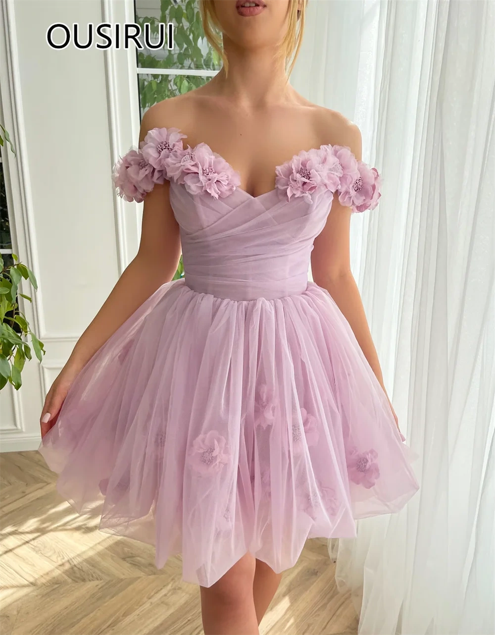 OUSIRUI Elegant Off-Shoulder Tulle 3D Floral Lace Short Mini Prom Party Dress Lace up Princess Prom Gown robe de mariée