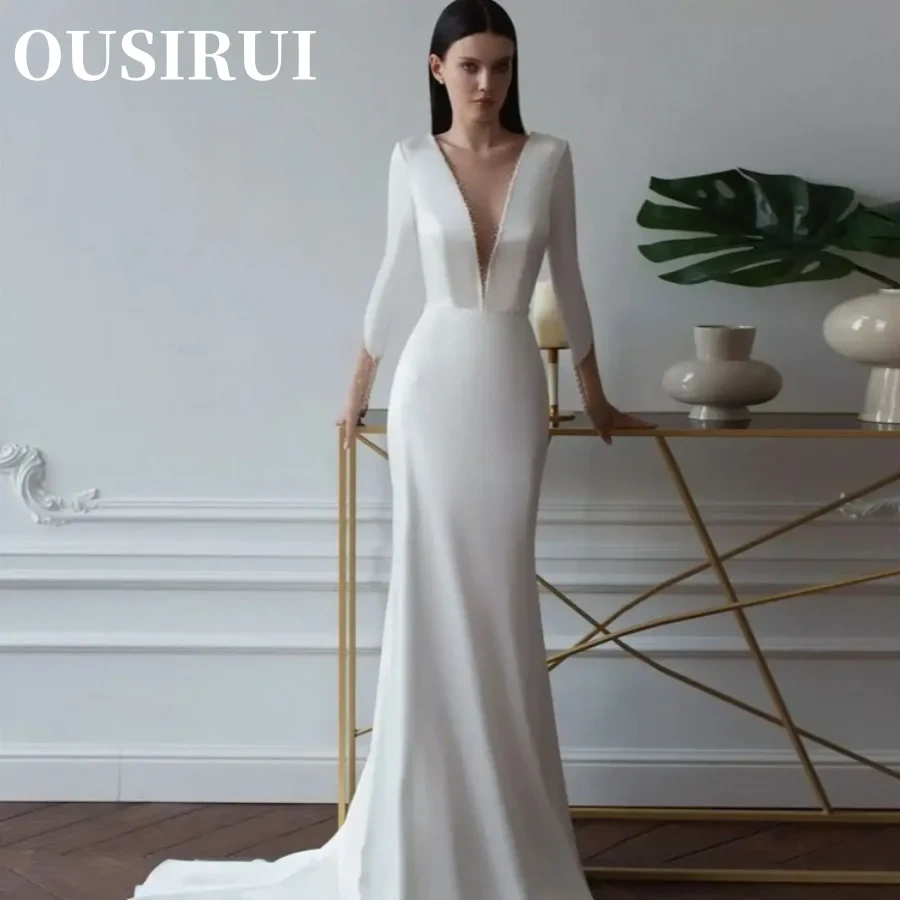 Mermaid Bridal Gowns Sweep Train For Women  New Deep V-Neck Satin Wedding Dress Simple 3/4 Sleeve Backless Brides Gowns