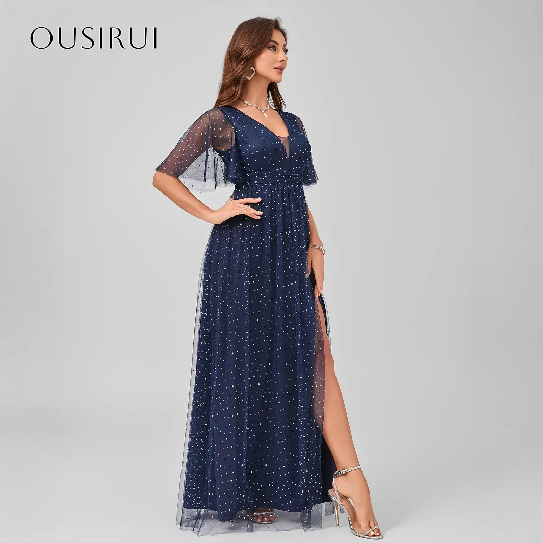 V-neck A-line Evening Dresses Split Sequined Tulle Ankle Length Short Sleeves Customized Party Gowns  فساتين ال