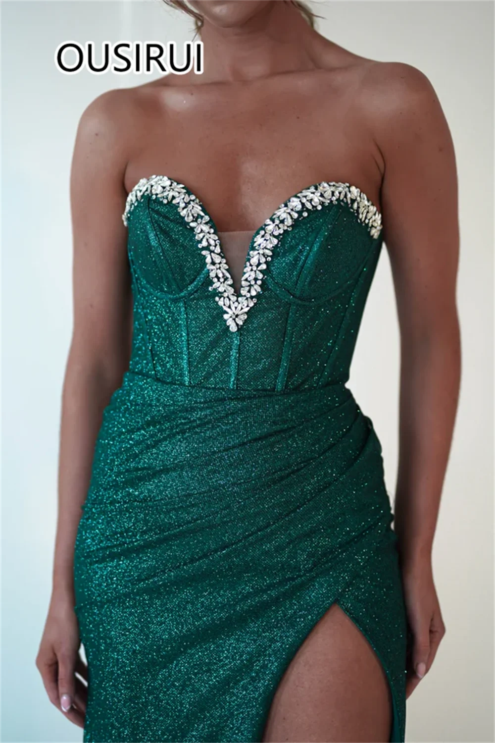 OUSIRUI Charming Off-Shoulder Strapless Glitter Women Prom Party Dress Sexy Mermais Side Split Court Backless and Lace up Gown