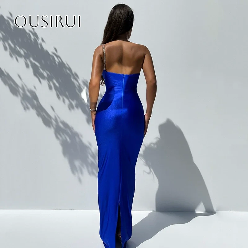Beaded One Shoulder Satin Sheath Prom Dresses Sleeveless Ruffled Floor Length Customized платье на выпускной