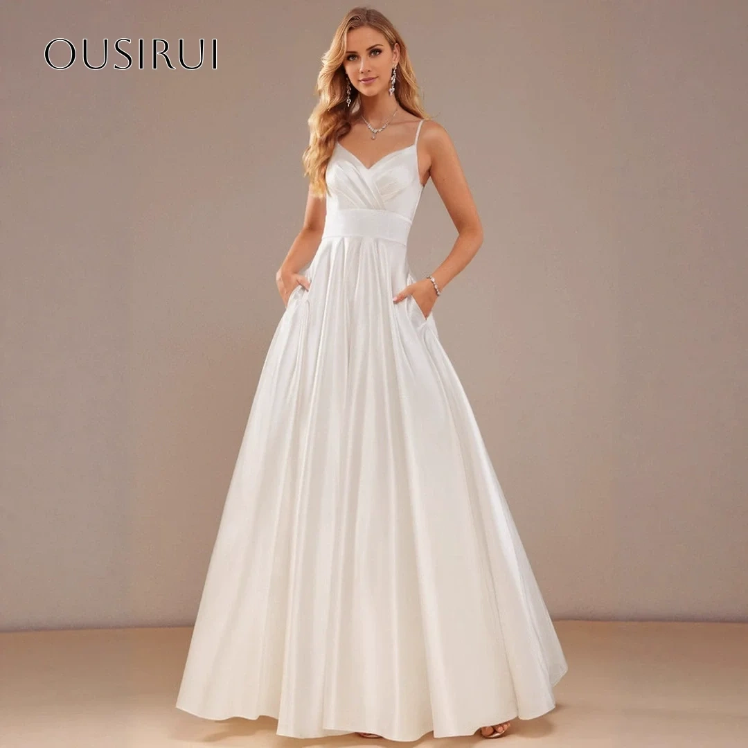 Spaghetti Straps Wedding Dresses Pockets A-line Satin Ankle Length Buttons Bridal Dress Vestido De Novia Customized