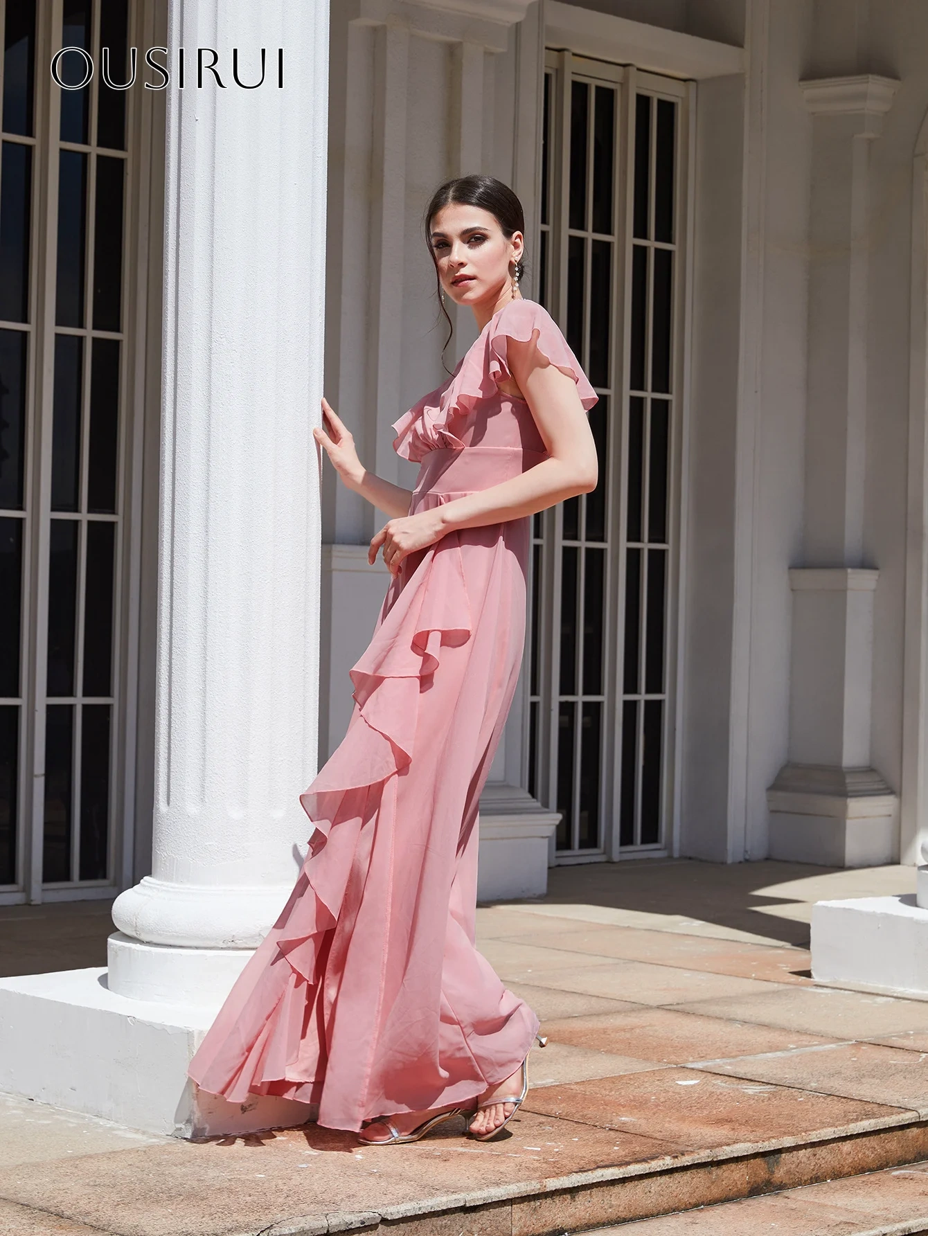 Ruffled V-neck Chiffon Evening Dresses A-line Sleeveless Floor Length Split Customized شارون سعيد فساتين سهره