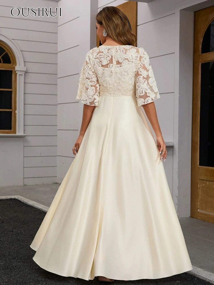 V-neck Satin A-line Evening Dresses Puffy Lace Half Sleeves Pleated Ankle Length Party Gowns  فساتين السهرة