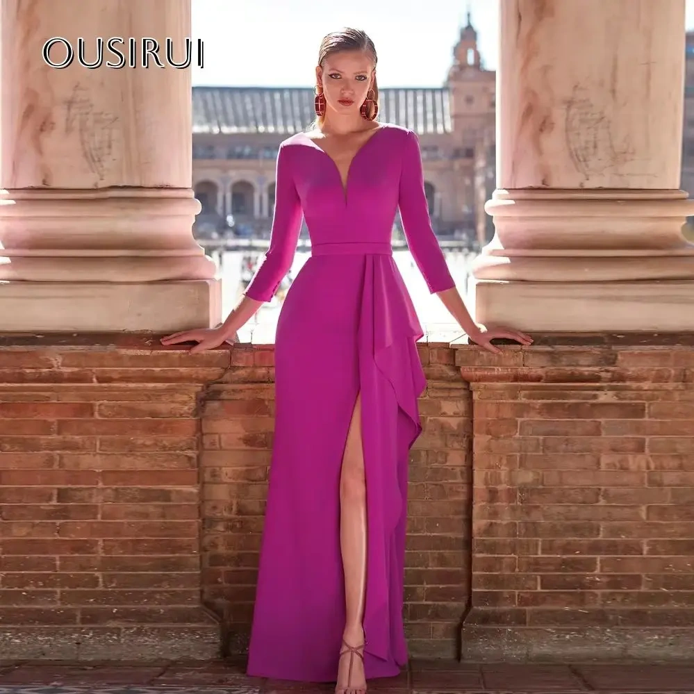 Elegant V Neck Chiffon Mother of the Bride Dresses Front Slit Sweep Train Mermaid 3/4 Sleeves Wedding Party Gowns  فساتين السهرة