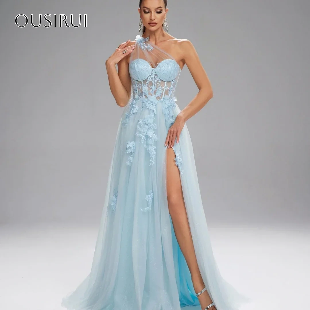 One Shoulder Lace Evening Dresses A-line Sleeveless Split Tulle Sweep Train Customized vestidos de fiesta