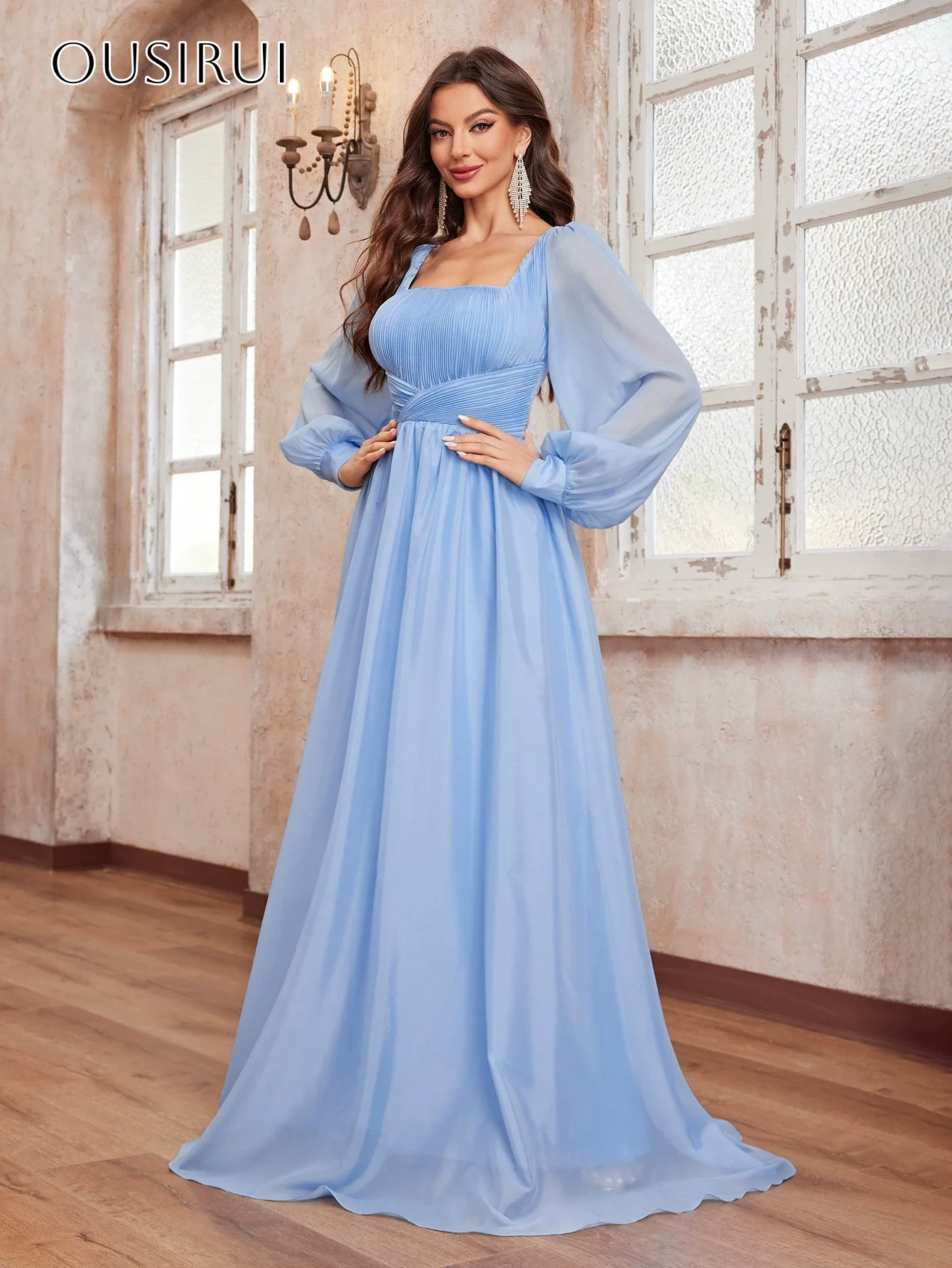 A-line Square Chiffon Long Sleeves Prom Dresses Floor Length Customized شارون سعيد فساتين سهره
