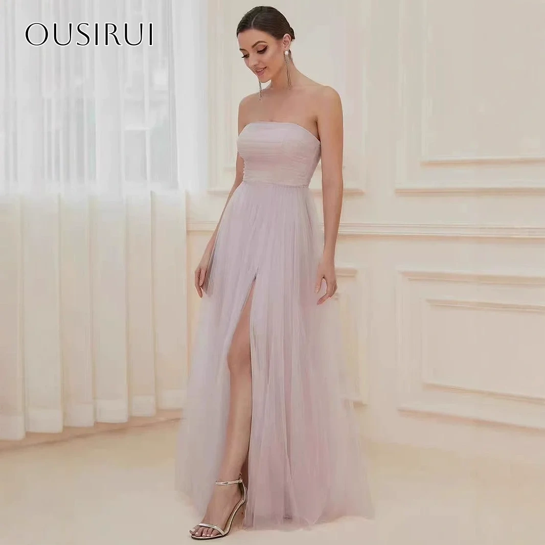 Strapless A-line Evening Dresses Sleeveless Split Tulle Floor Length Customized فساتين حفلة موسيقية