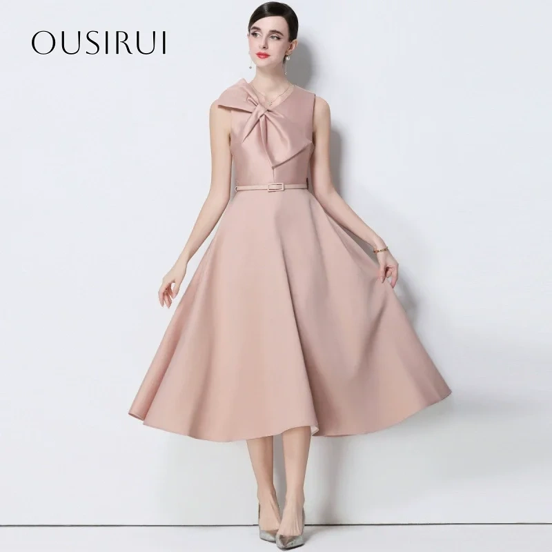 Bow Satin V-neck Homecoming Dresses Tea Length Sash A-line Sleeveless Customized سيرين هيل فساتين سهره