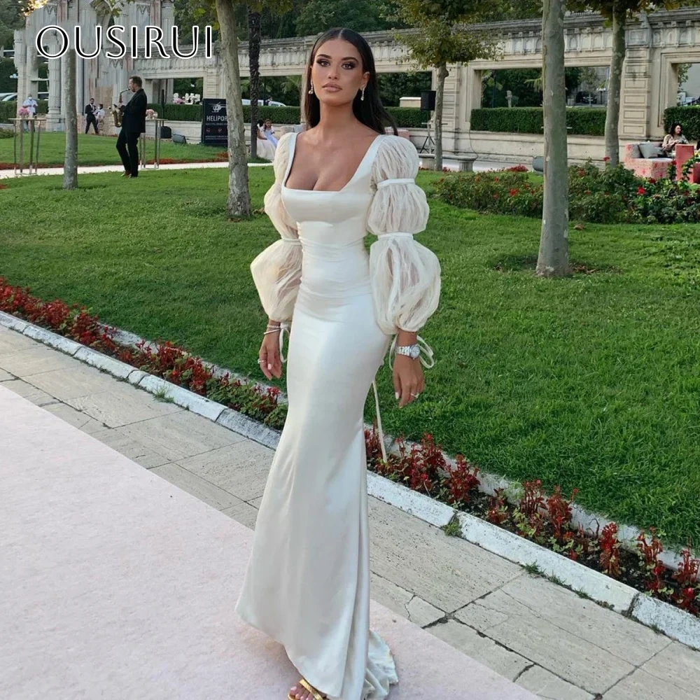 Square Sheath Evening Dresses Puffy Long Sleeves Backless Satin Sweep Train Customized فساتين حفلة موسيقية