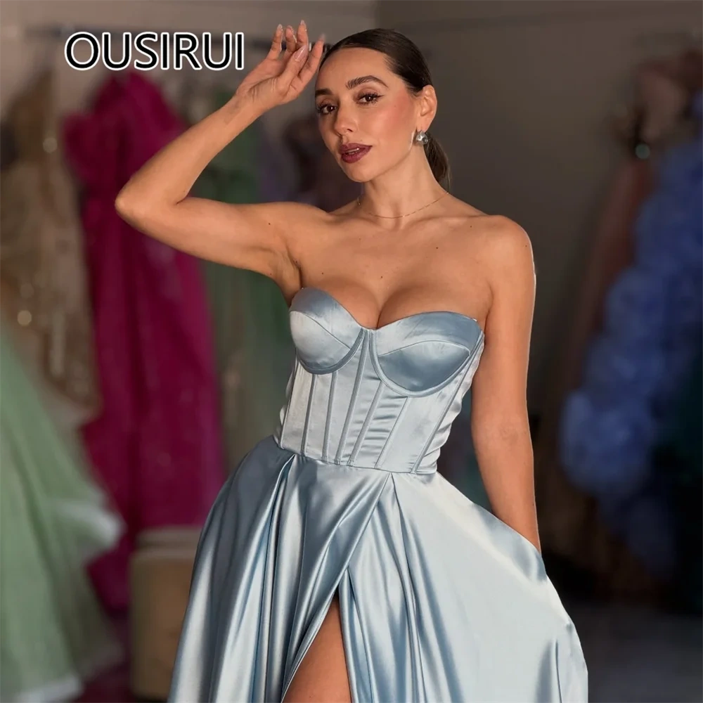 Sweetheart Collar Satin Pleated Formal Women's Prom Gown Court A-line Side Split Evening Party Dress with Pockets Customized