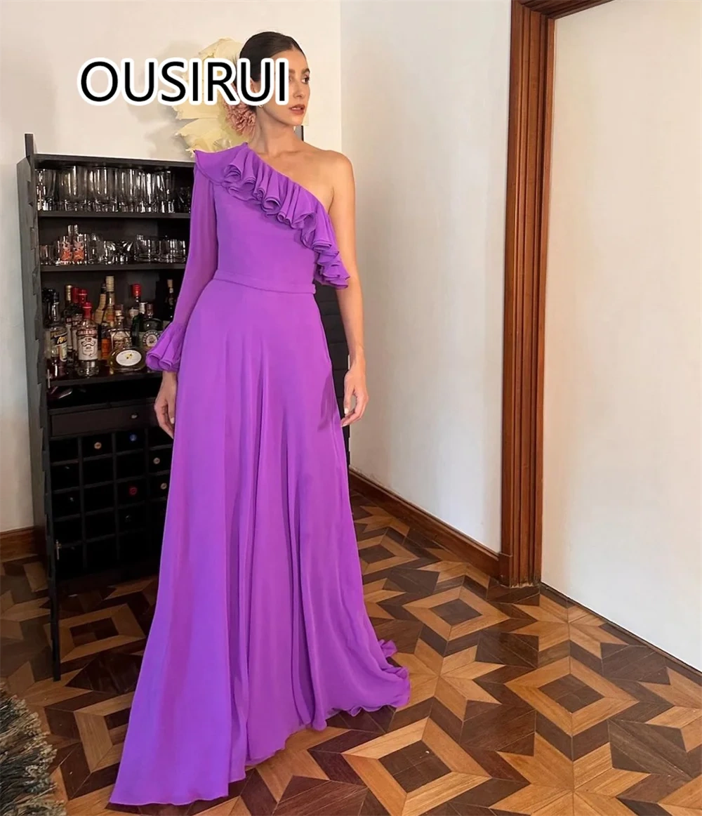 OUSIRUI One Shoulder Chiffon Ruffles Performance Prom Dress A-line Holiday Prom Gown with Trian for Women vestidos de fiesta