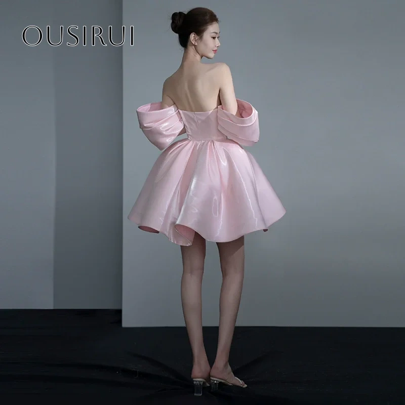 Off Shoulder A-line Liquid Satin Short Cocktail Dress Short Sleeves Party Gown Customized vestidos de fiesta elegantes