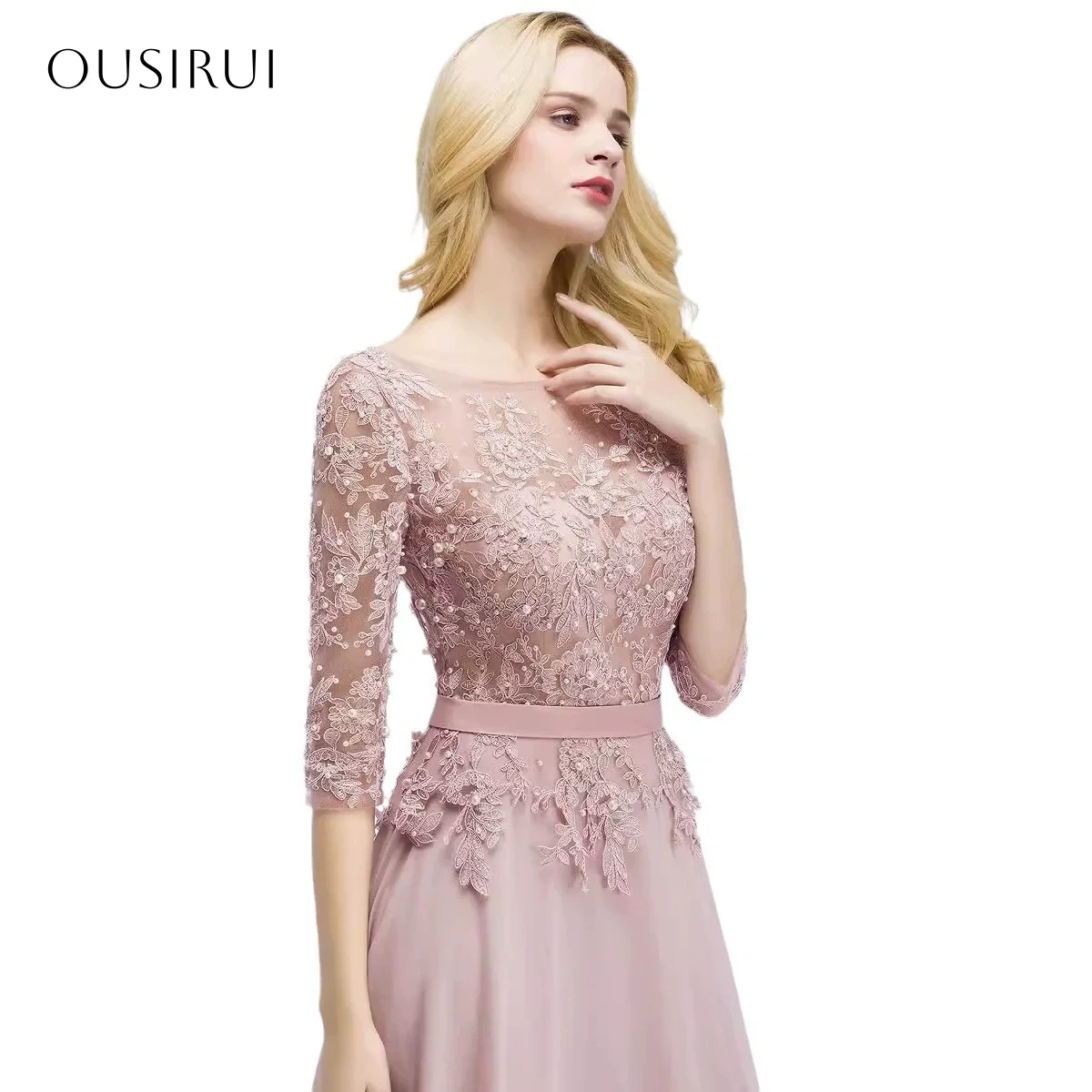 Lace O-neck A Line Chiffon Evening Gowns Floor Length Half Sleeves Prom Dresses Customized vestidos de fiesta