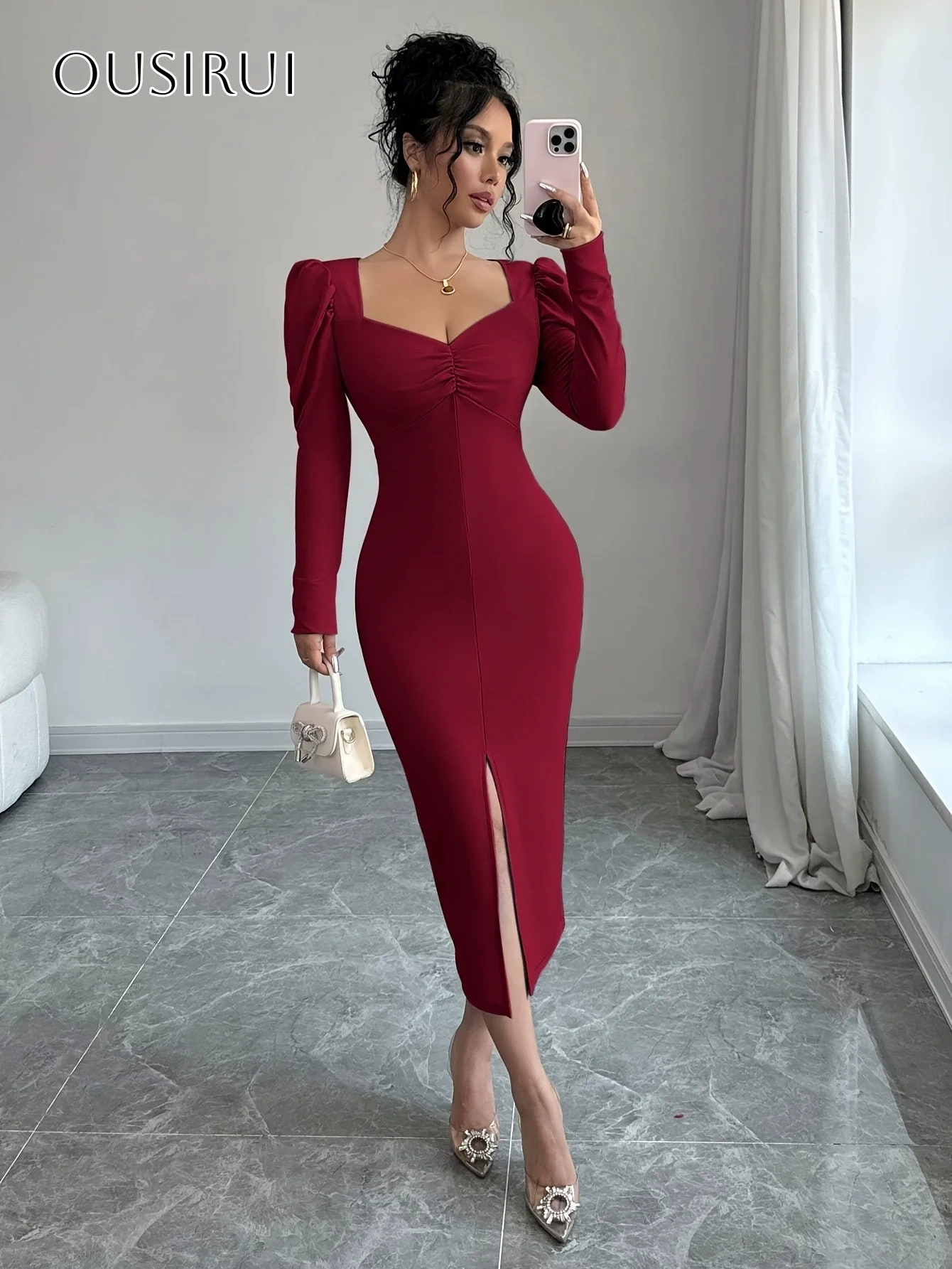Sheath V-neck Homecoming Gown Tea Length Long Sleeves Front Split Ruched Customized платье на выпуск