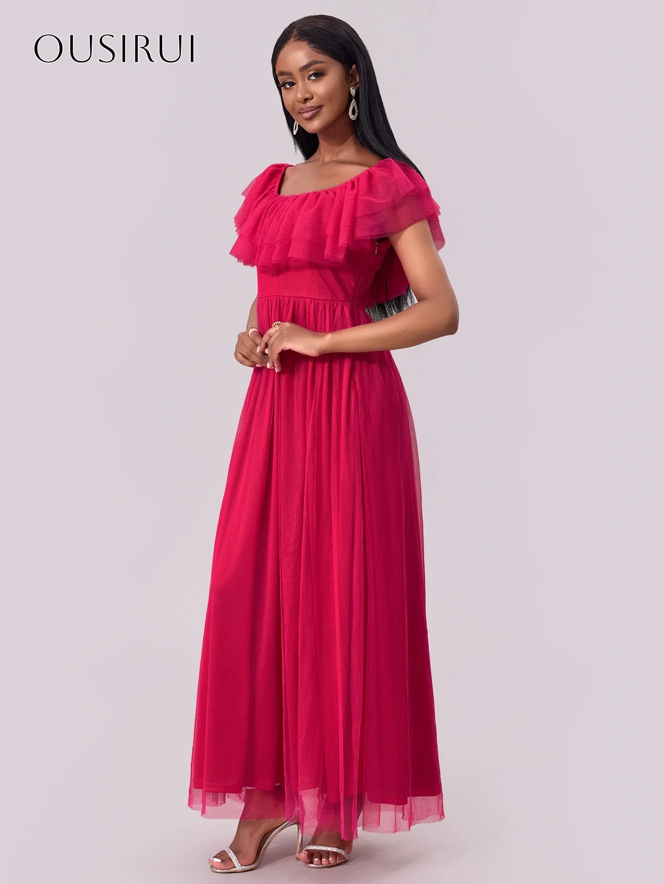 Tiered Short Sleeves Tulle A-line Prom Dresses Split Pleated Ankle Length Customized платье на выпускной