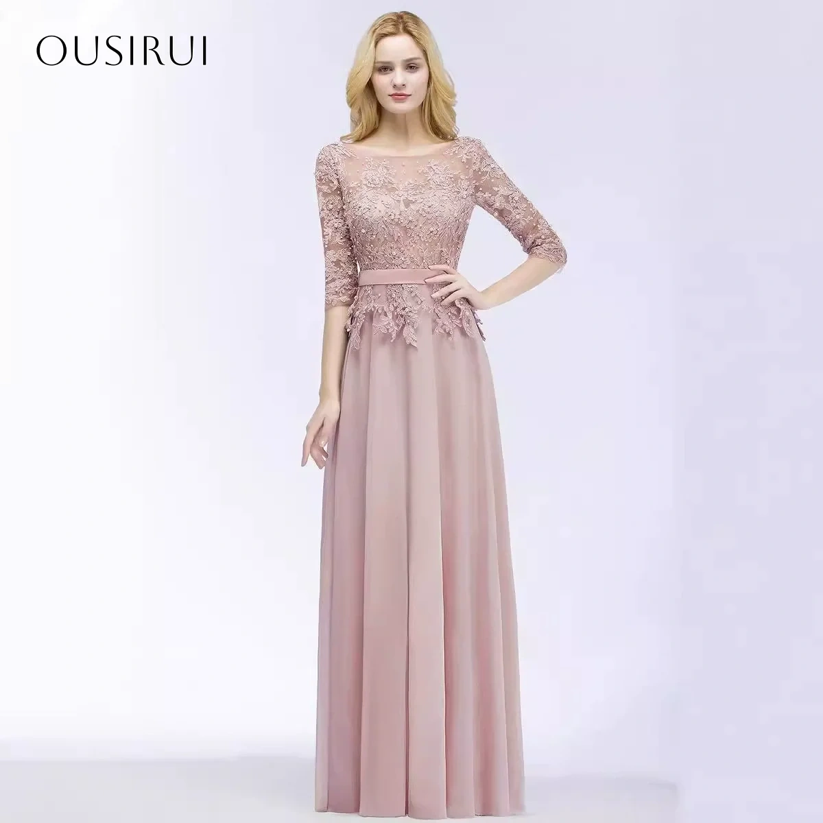 Lace O-neck A Line Chiffon Evening Gowns Floor Length Half Sleeves Prom Dresses Customized vestidos de fiesta