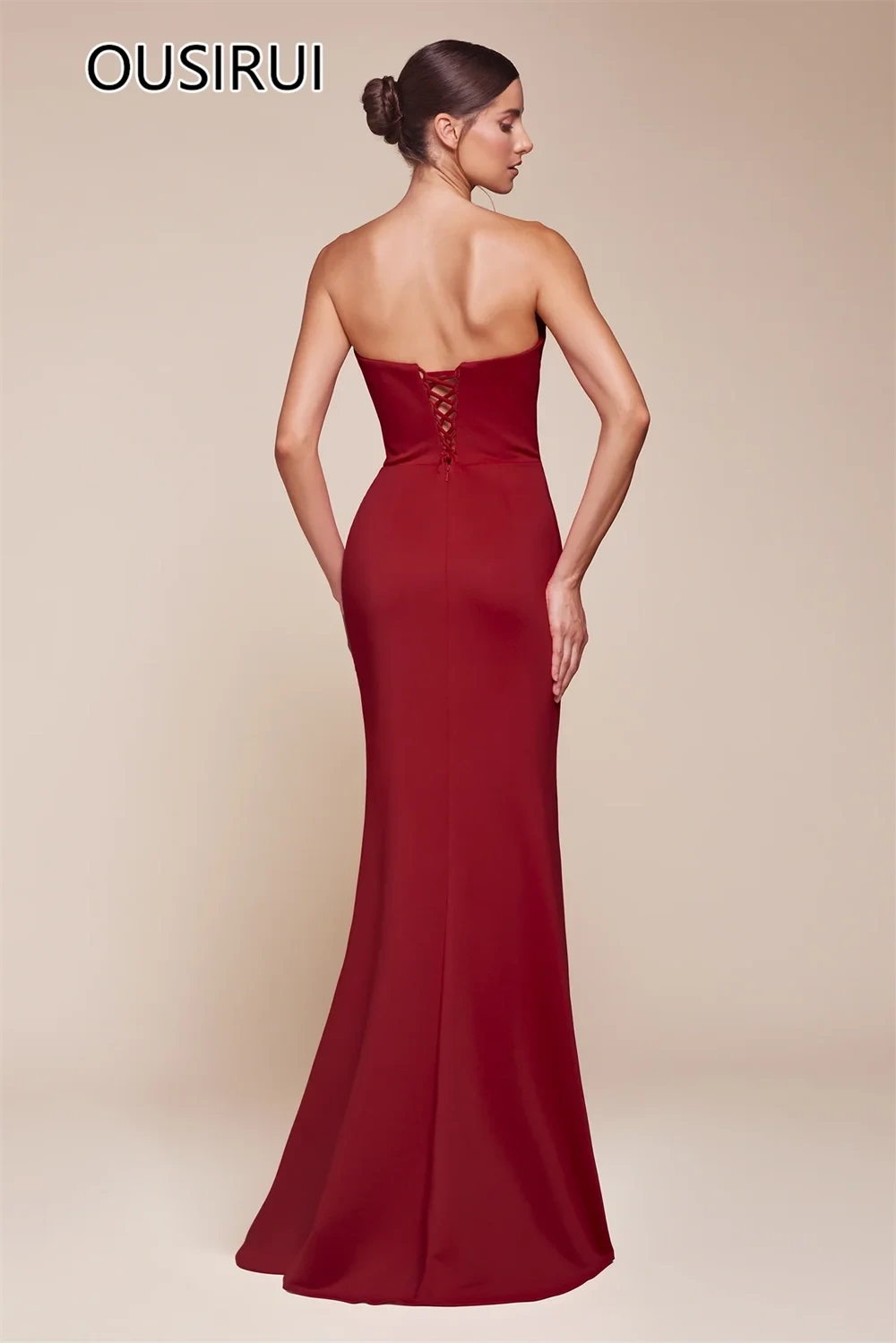 OUSIRUI Strapless Satin Pleated Women Evening Party Dress Sheath Side High Slit Backless Court Evening Prom Gown  robe de mariée