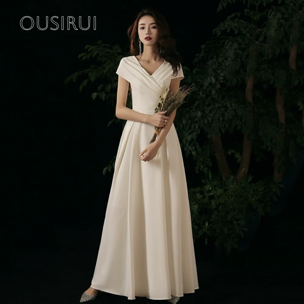 V-neck Bridal Wedding Dresses A Line Short Sleeves Satin Ankle Length Pleated Customized Vestidos De Novia