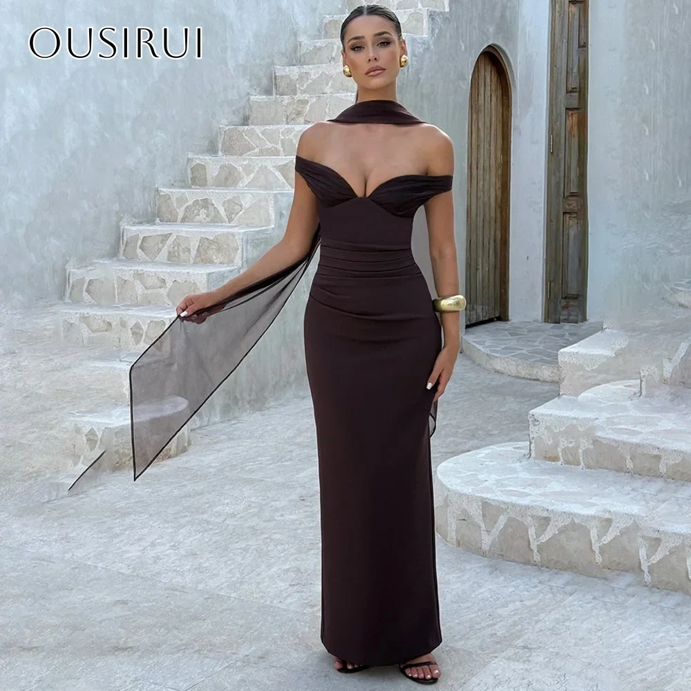 Sheath Satin Off Shoulder Prom Dresses Ankle Length Sleeveless Back Split Customized платье на выпускной