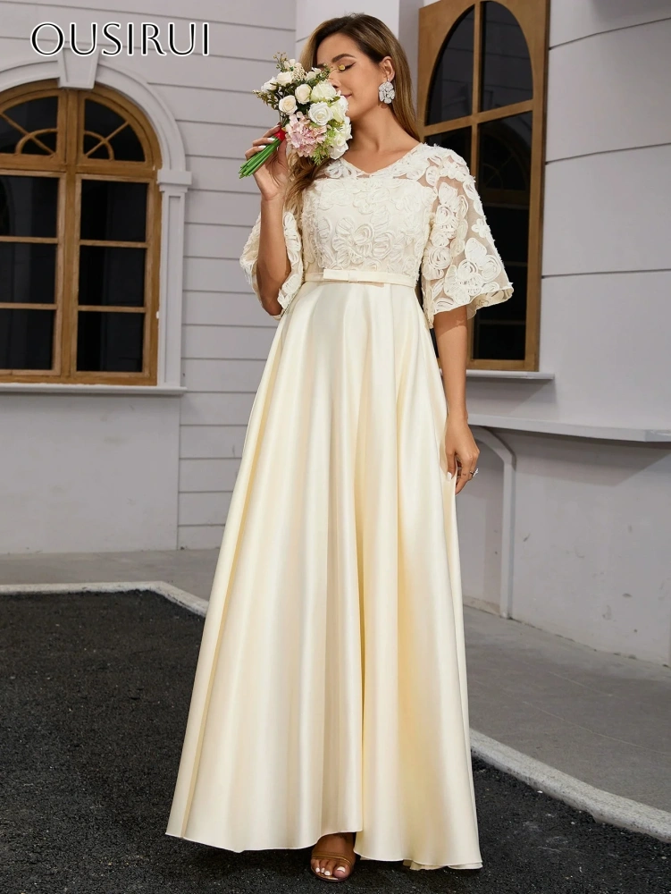 V-neck Satin A-line Evening Dresses Puffy Lace Half Sleeves Pleated Ankle Length Party Gowns  فساتين السهرة