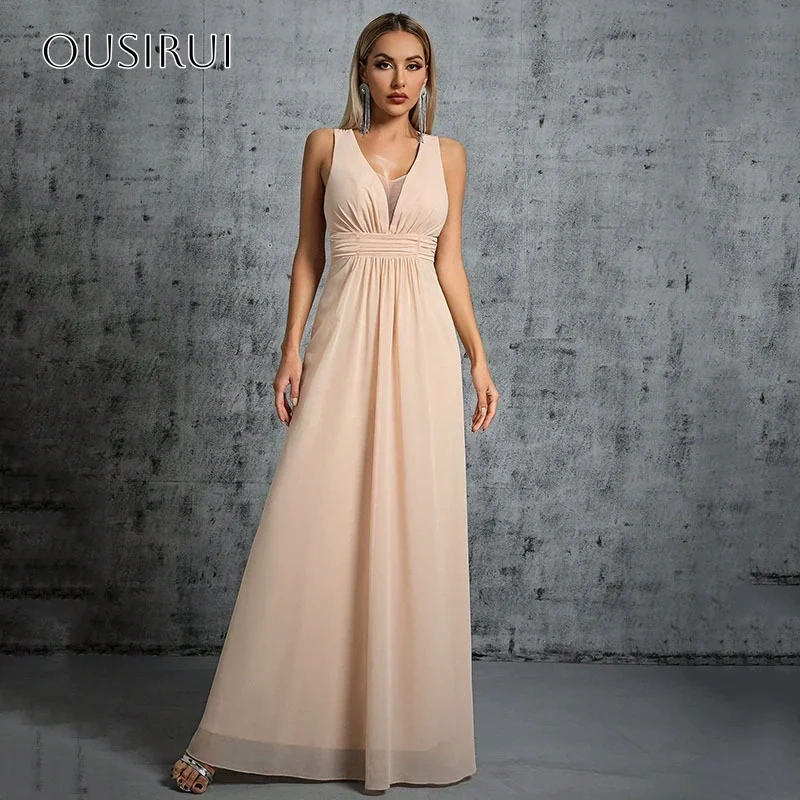 Chiffon V-neck A-line Prom Dresses Backless Sleeveless Floor Length Customized فساتين سهرة إيلي صعب