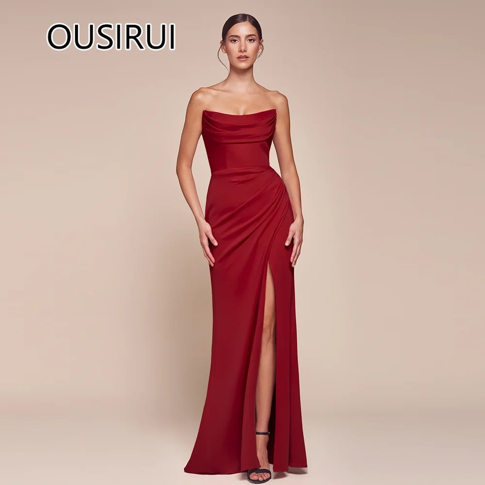 OUSIRUI Strapless Satin Pleated Women Evening Party Dress Sheath Side High Slit Backless Court Evening Prom Gown  robe de mariée