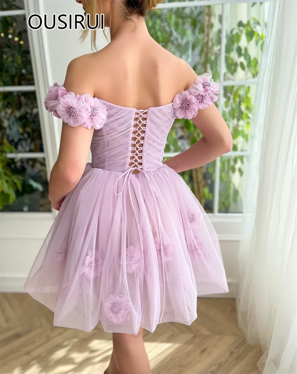 OUSIRUI Elegant Off-Shoulder Tulle 3D Floral Lace Short Mini Prom Party Dress Lace up Princess Prom Gown robe de mariée