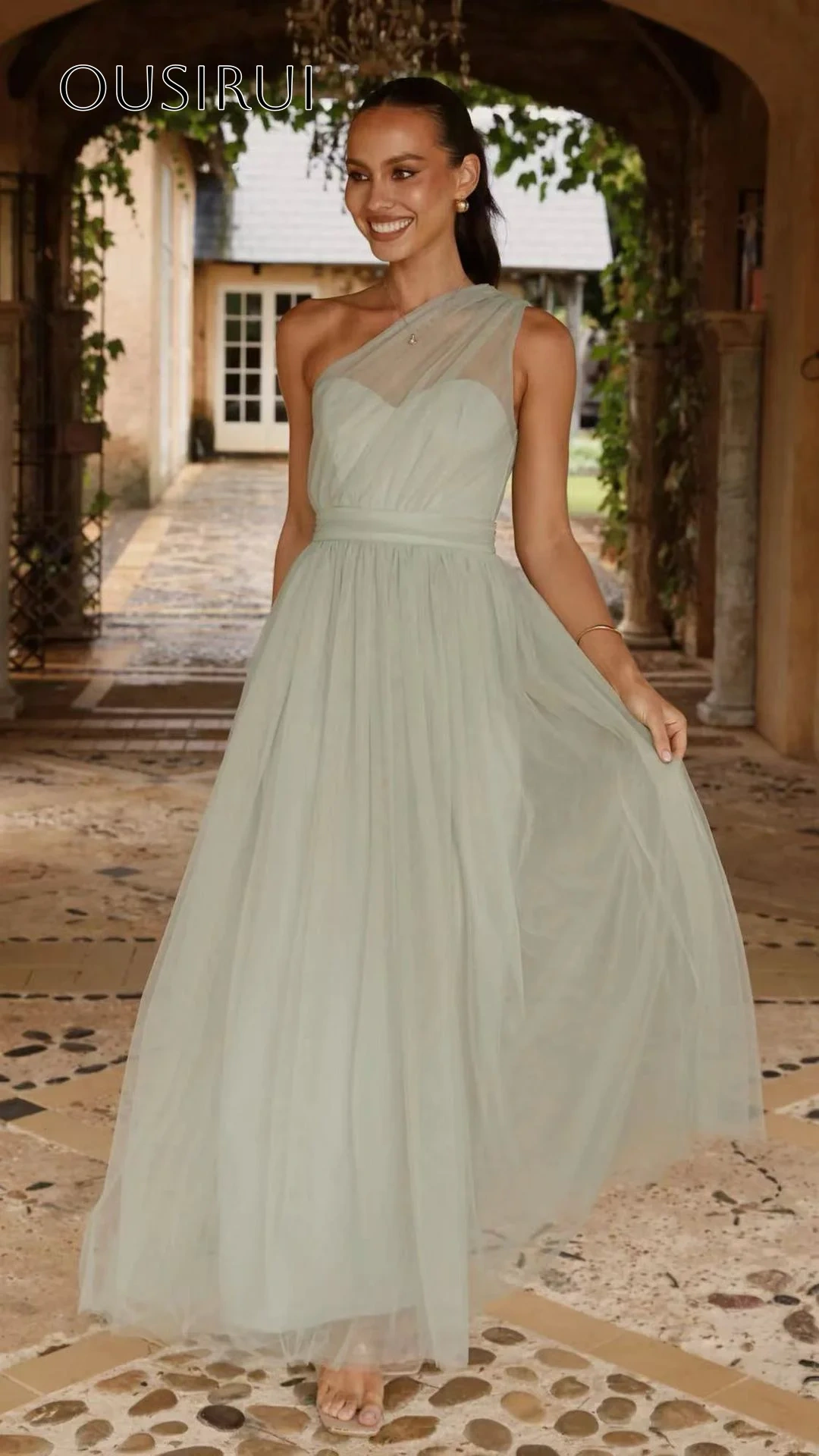 One Shoulder A-line Evening Gown Tulle Ankle Length Sleeveless Pleated Customized вечерние платья