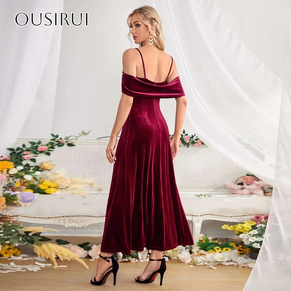 Velvet Spaghetti Straps Sheath Homecoming Gown Split Ankle Length Party Wear Customized платье на выпуск