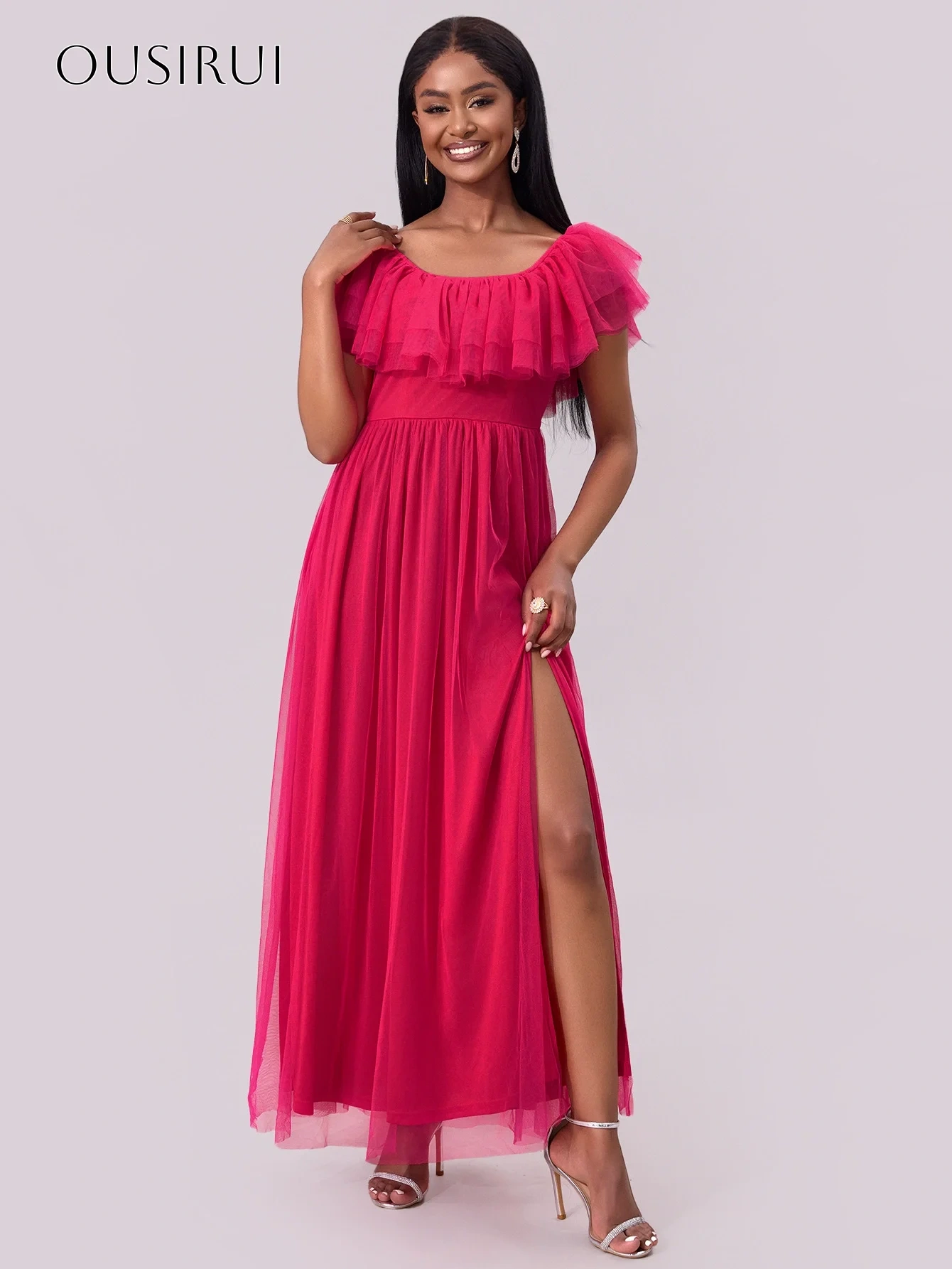 Tiered Short Sleeves Tulle A-line Prom Dresses Split Pleated Ankle Length Customized платье на выпускной