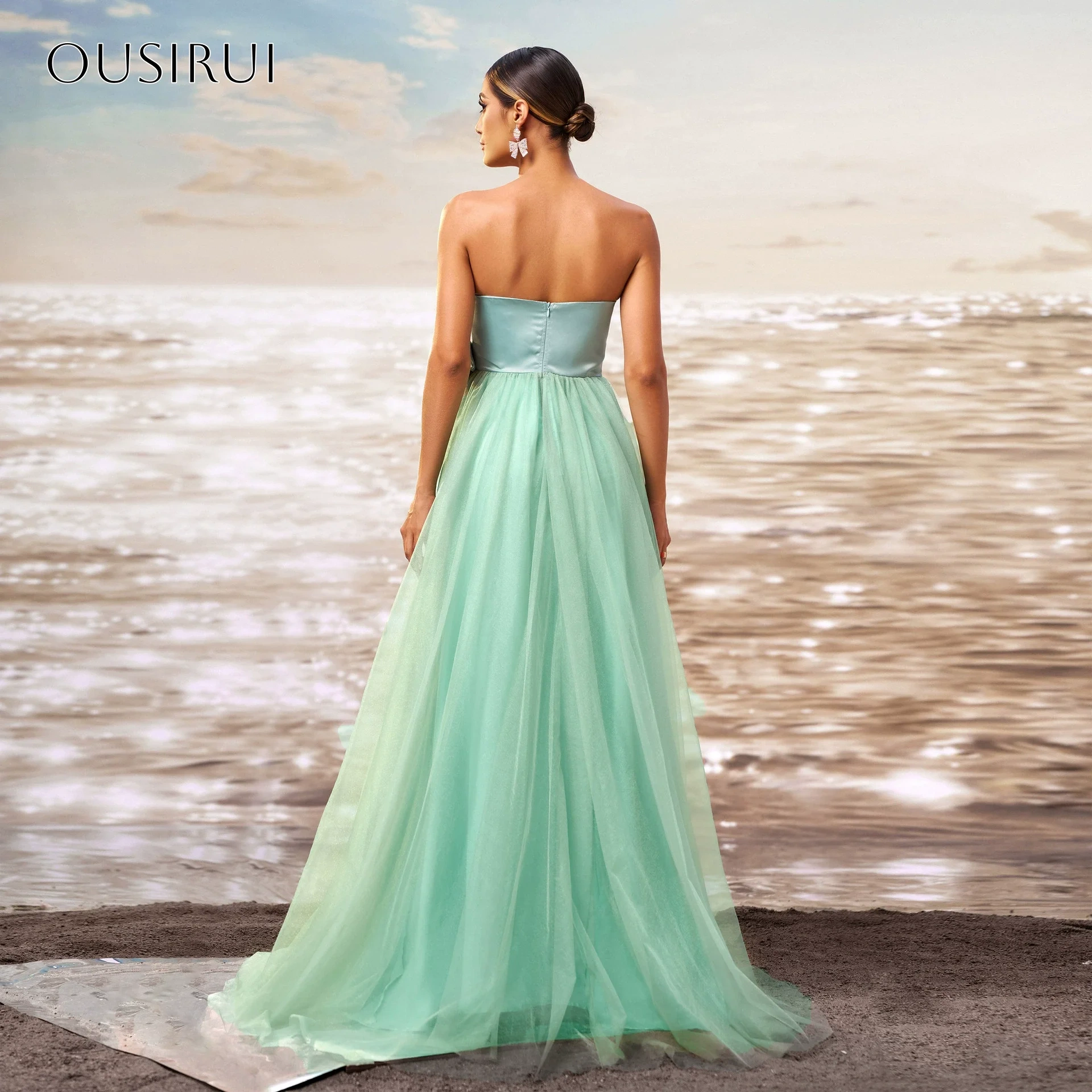 Strapless Bow A-line Evening Dresses Tulle Floor Length Sleeveless Customized Party Gowns  فساتين ال