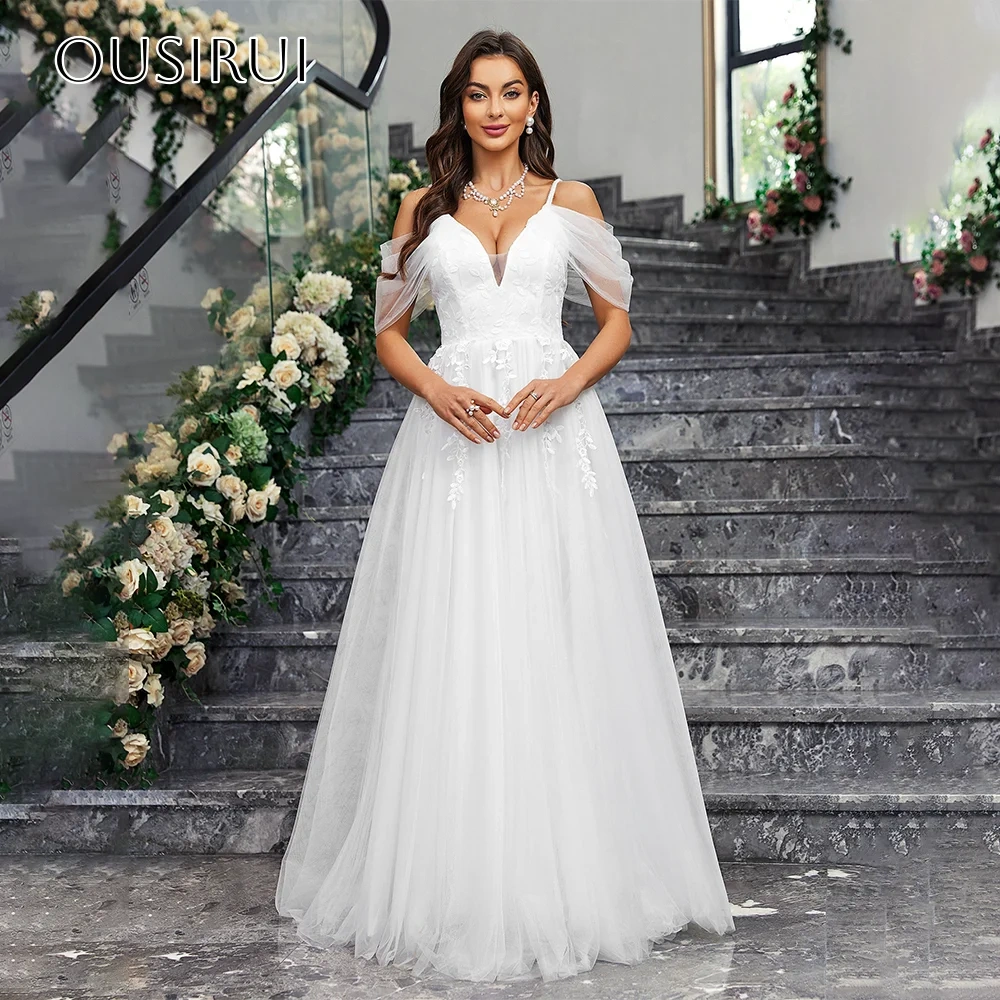 Spaghetti Straps A-line Evening Dresses Appliques Pleated Floor Length Tulle Customized Party Gowns  فساتين السهرة