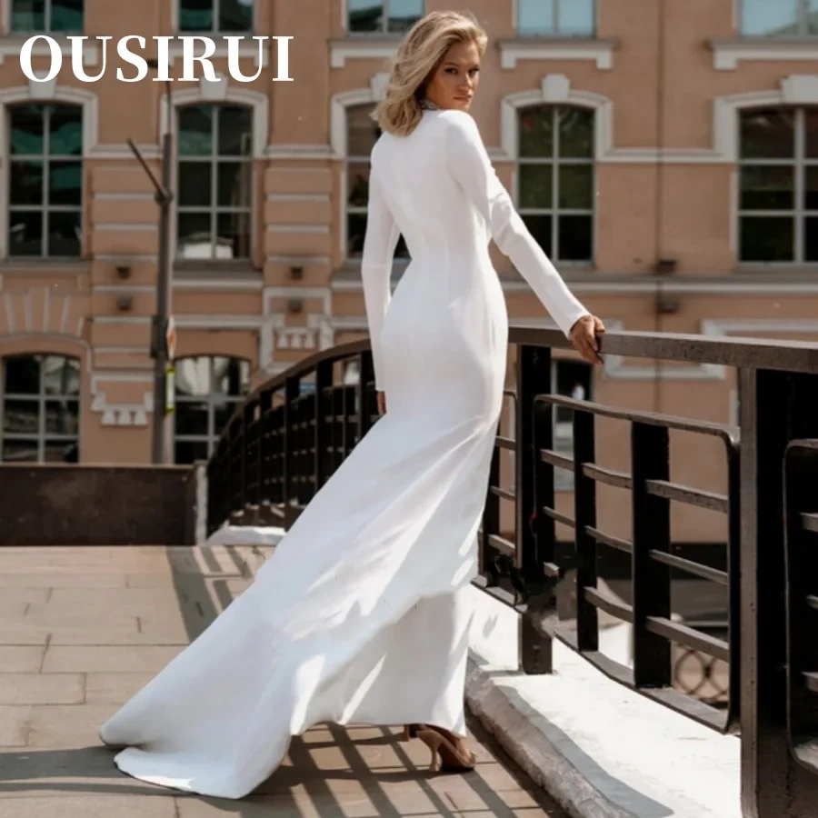 Wedding Dress Zipper Back High Slit Floor Length Deep V-Neck Customized Long Sleeves Mermaid شارون سعيد فساتين سهره