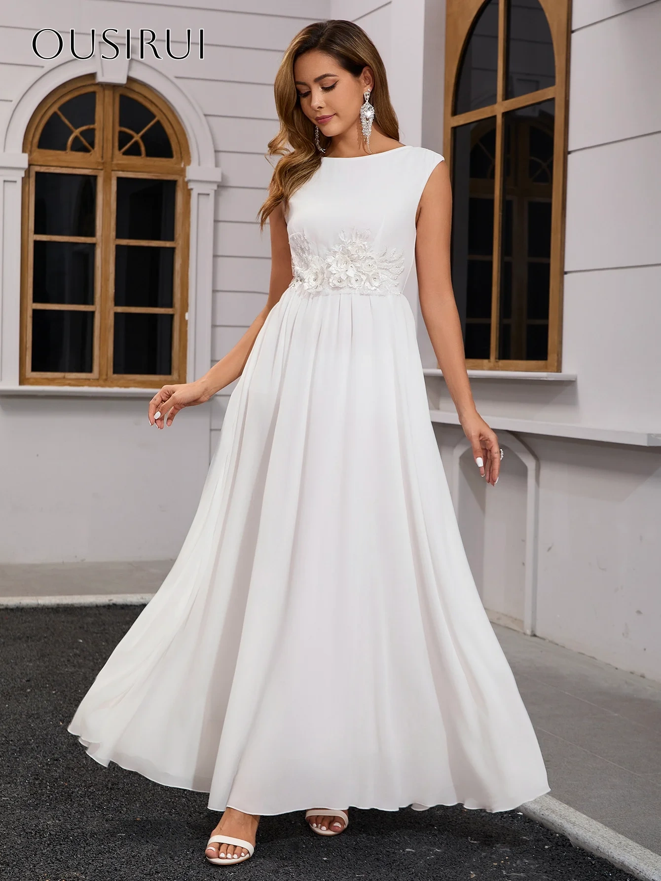 Flowers Bridal Wedding Dresses A Line Sleeveless Chiffon Ankle Length Pleated Customized Vestidos De Novia