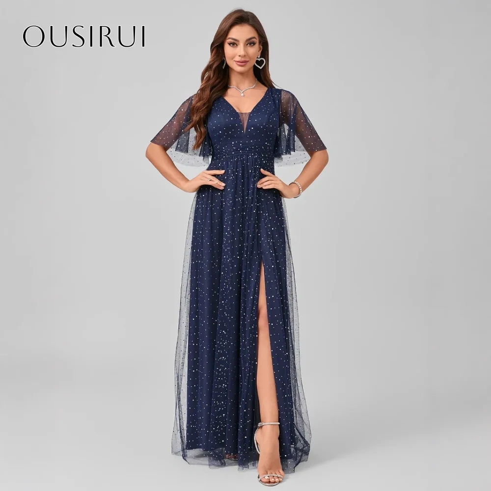 V-neck A-line Evening Dresses Split Sequined Tulle Ankle Length Short Sleeves Customized Party Gowns  فساتين ال