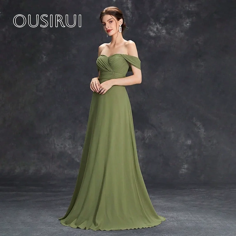 Off Shoulder Pleated A-line Evening Dresses Sleeveless Floor Length Chiffon Customized فساتين حفلة موسيقية