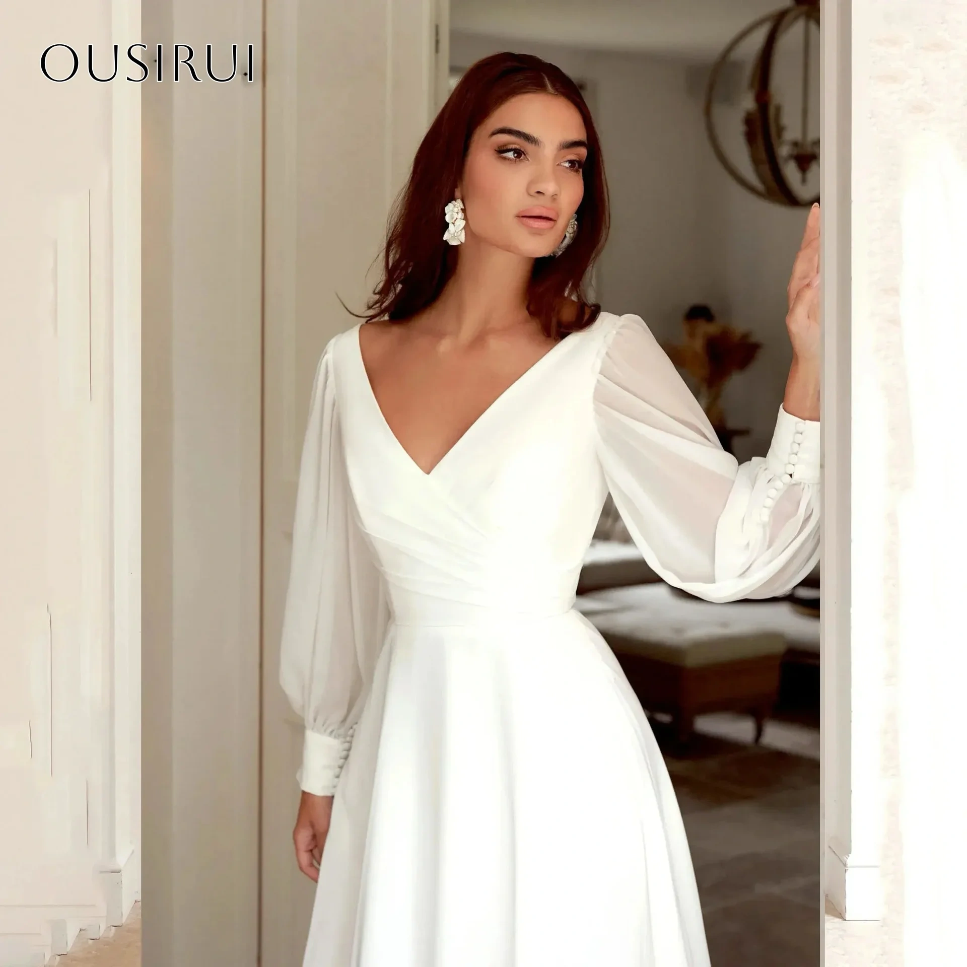V-neck Chiffon Bridal Wedding Dresses A Line Buttons Long Sleeves Sweep Train Pleated Customized Vestidos De Novia