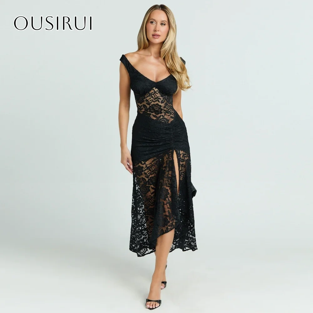Lace V-neck Sheath Prom Dresses Split Tea Length Sleeveless Customized платье на выпускной
