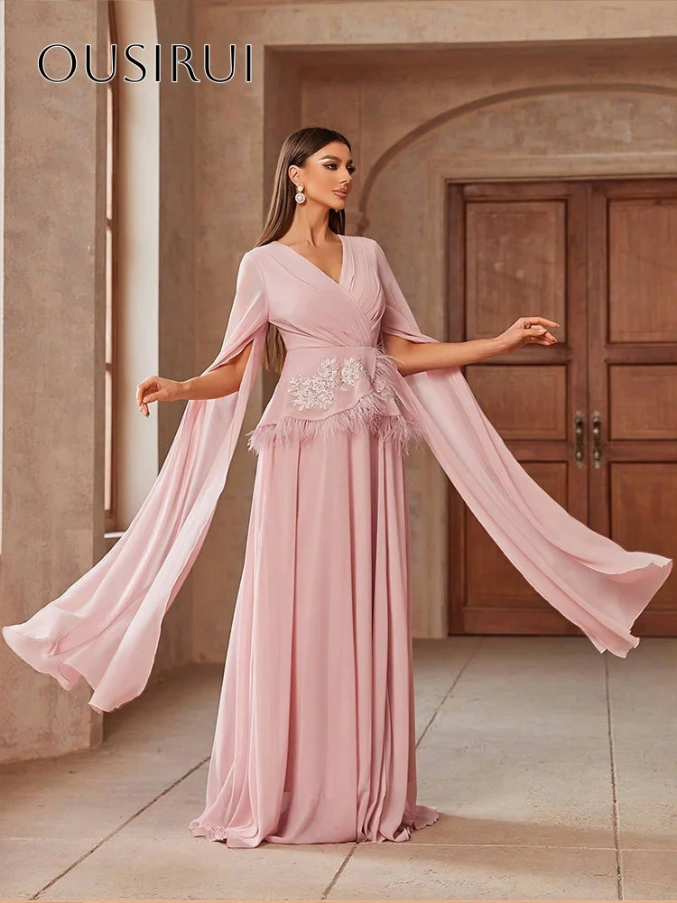 V-neck A-line Appliques Feather Evening Gowns Chiffon Long Sleeves Customized вечерние платья Robes De Soirée