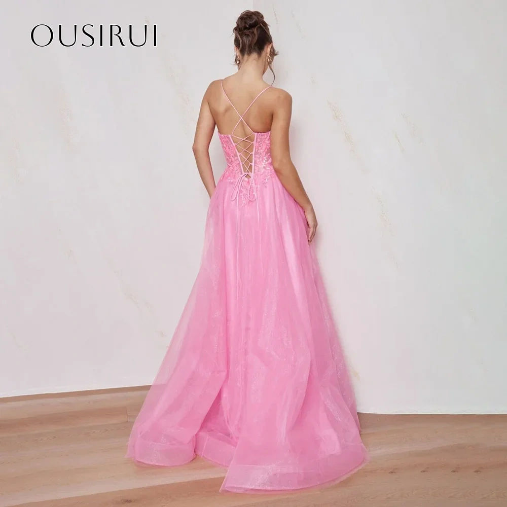 Spaghetti Straps Lace Evening Dresses Split Organza Floor Length Corset Sleeveless Customized Party Gowns  فساتين ال