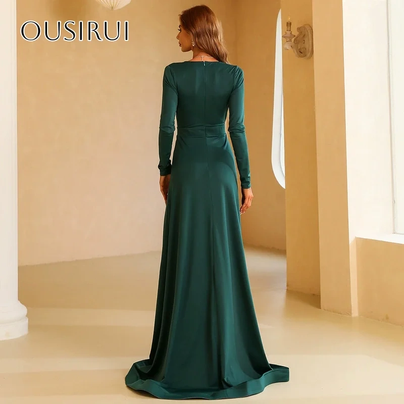 V-neck A-line Satin Prom Dresses Long Sleeves Split Pleated Sweep Train Party Gown Customized robe de mariée
