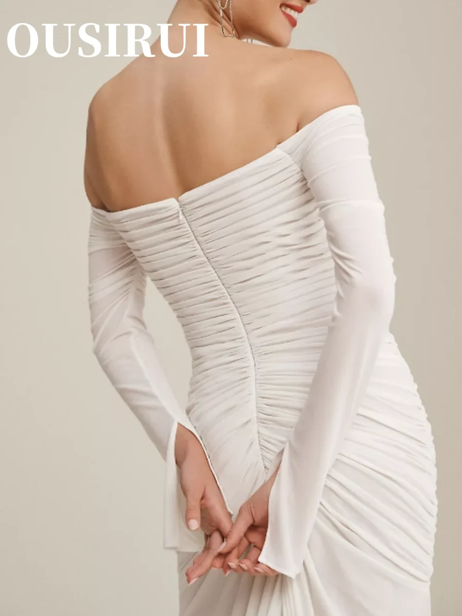 OUSIRUI White Pleated Card Shoulder Round Neck Wedding Dress Satin Pleated Maid Of Honor Romantic Backless Wedding Long Sleeve