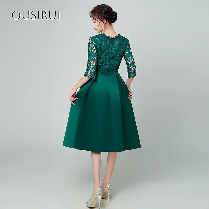 A-line Lace Cocktail Dresses Half Sleeve Bow Satin Tea Length Pleated Customized vestido corto elegante