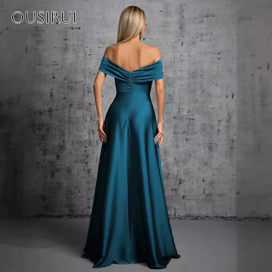 Off Shoulder A-line Satin Prom Dresses Pleated Floor Length Zipper Back Customized فساتين سهرة