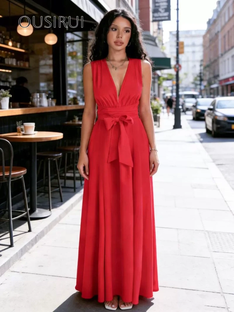 Chiffon V-neck A Line Evening Gown Sleeveless Criss-cross Sash Ankle Length Prom Dresses Customized vestidos de fiesta